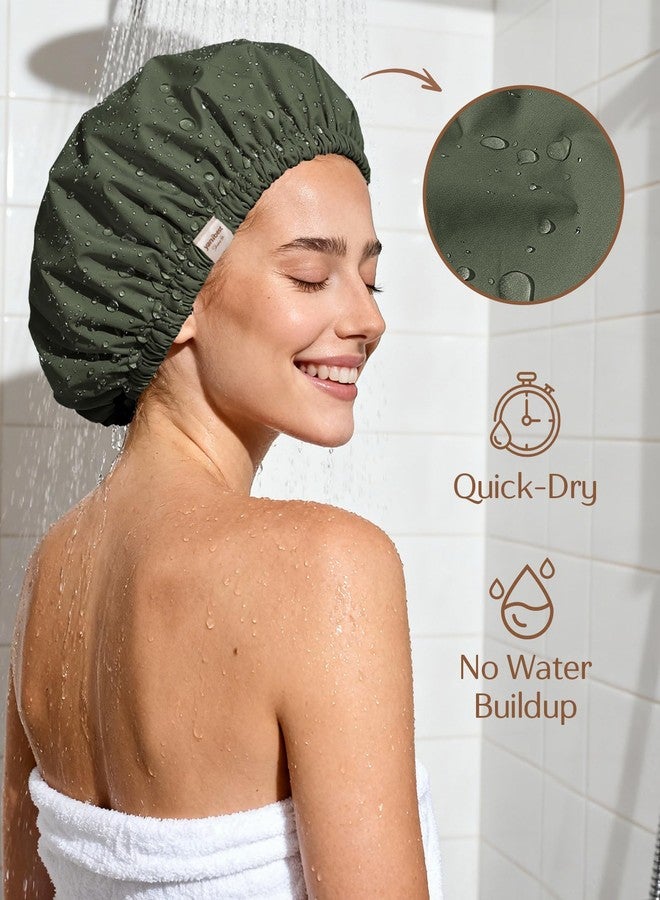 Yanibest Satin Lined Shower Cap for Women Reusable Waterproof, Frizz Free & Large Bath Cap with Soft Elastic Band, Luxury Hair Protection Caps (Green) - Image 2