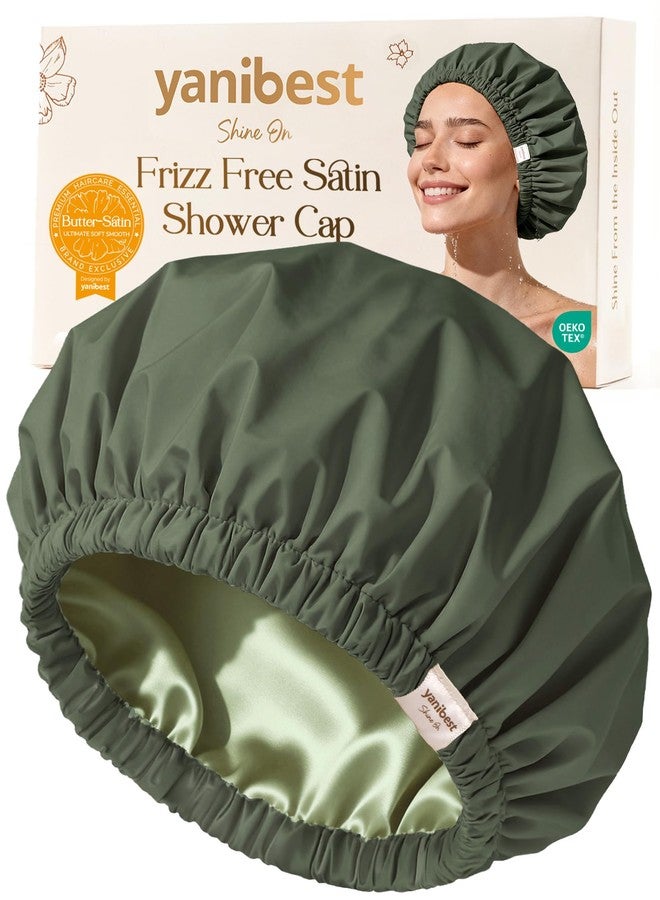 Yanibest Satin Lined Shower Cap for Women Reusable Waterproof, Frizz Free & Large Bath Cap with Soft Elastic Band, Luxury Hair Protection Caps (Green) - Image 1
