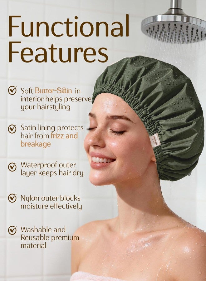 Yanibest Satin Lined Shower Cap for Women Reusable Waterproof, Frizz Free & Large Bath Cap with Soft Elastic Band, Luxury Hair Protection Caps (Green) - Image 4