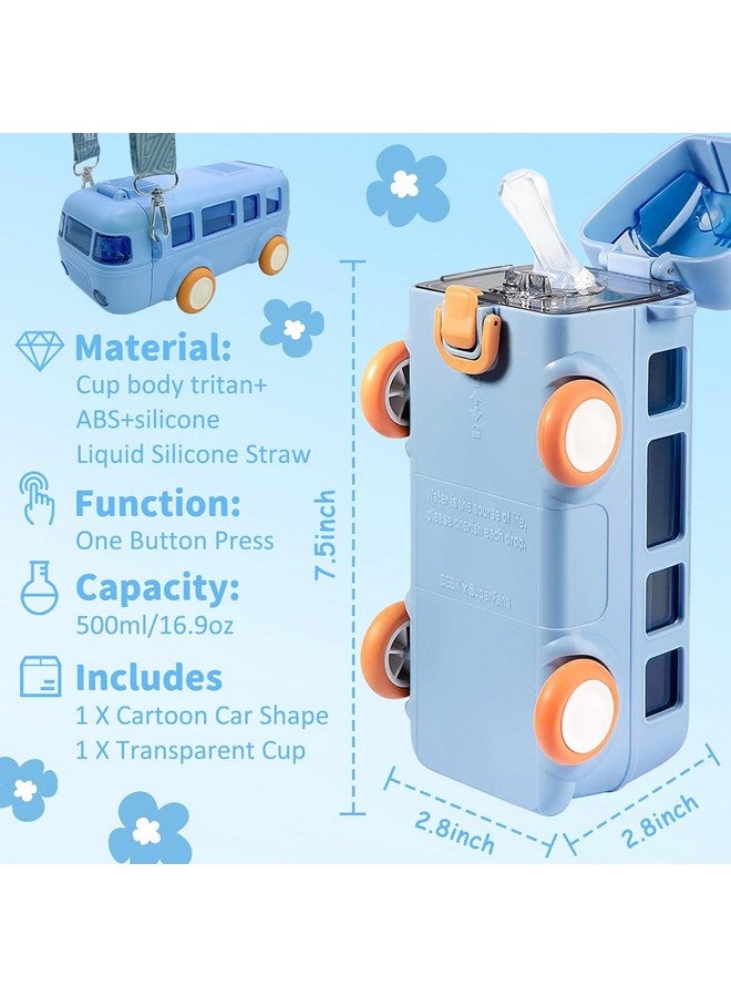PLUSPOINT Bus Shape Water Bottle for Kids Detachable Straw with Shoulder Strap Leak-Proof Cartoon Water Bottle with Wheels (Color-Blue), Silicone, 500 ML - Image 5