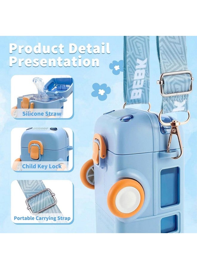 PLUSPOINT Bus Shape Water Bottle for Kids Detachable Straw with Shoulder Strap Leak-Proof Cartoon Water Bottle with Wheels (Color-Blue), Silicone, 500 ML - Image 3