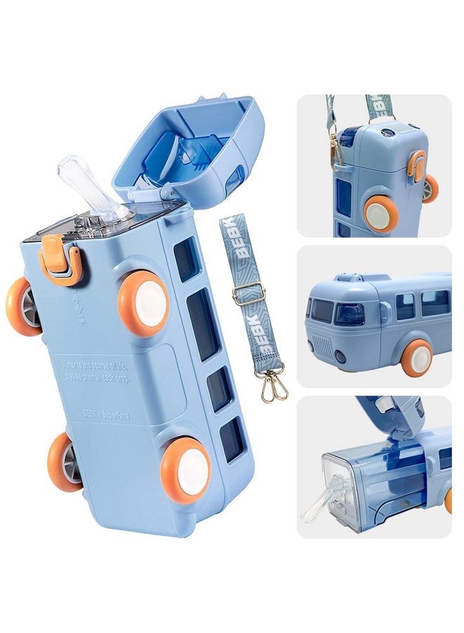 PLUSPOINT Bus Shape Water Bottle for Kids Detachable Straw with Shoulder Strap Leak-Proof Cartoon Water Bottle with Wheels (Color-Blue), Silicone, 500 ML - Image 1