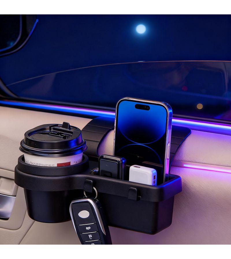 Modern High Tech Black ABS Car Storage Box with Cup Holders and Phone Slot - Image 3