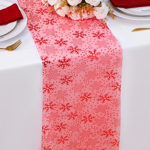 Snowkingdom 2 Pcs Christmas Red Snowflake Table Runner 108 Inch Sparkly Red Foil Glitter Metallic Mesh Runners Dining Kitchen Table Decorations for Seasonal Winter Xmas Festival Holiday Home Party - Image 1