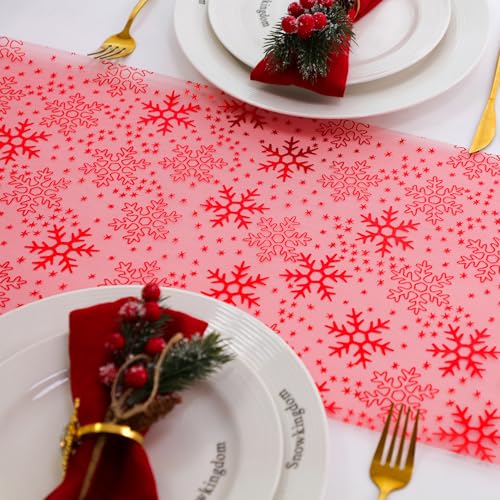 Snowkingdom 2 Pcs Christmas Red Snowflake Table Runner 108 Inch Sparkly Red Foil Glitter Metallic Mesh Runners Dining Kitchen Table Decorations for Seasonal Winter Xmas Festival Holiday Home Party - Image 4