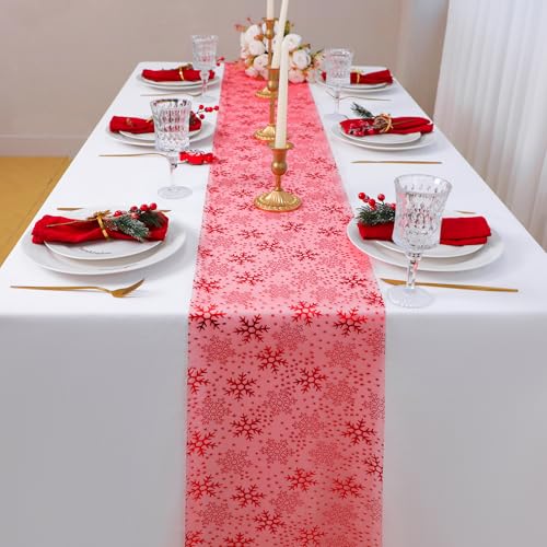 Snowkingdom 2 Pcs Christmas Red Snowflake Table Runner 108 Inch Sparkly Red Foil Glitter Metallic Mesh Runners Dining Kitchen Table Decorations for Seasonal Winter Xmas Festival Holiday Home Party - Image 2