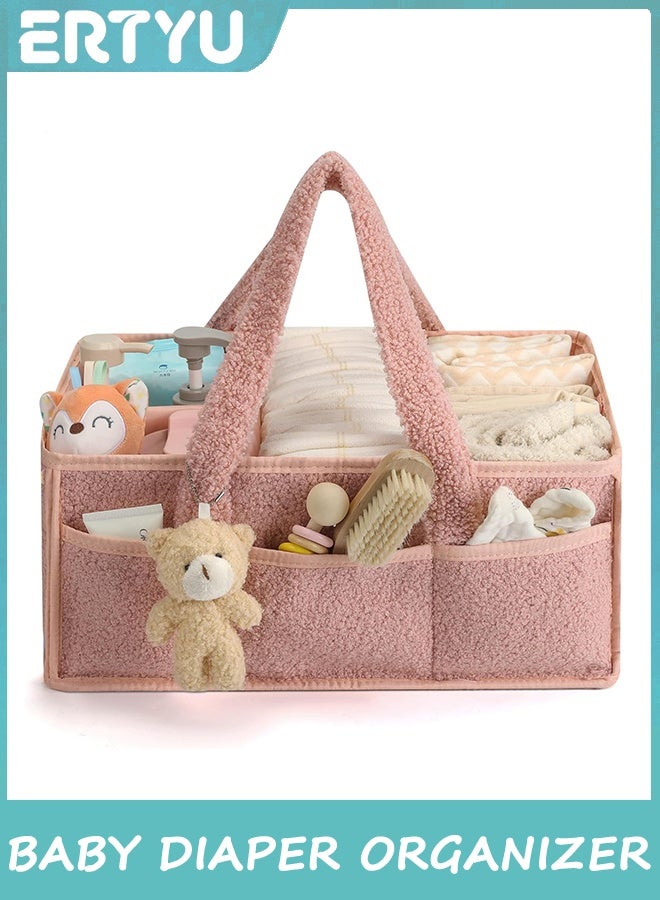 ERTYU Baby Diaper Caddy Organizer，Changing Table Organizer for Wipes and Diapers，Teddy Diaper Organizer for Changing Table，Newborn Essentials Must Haves to Parents (Pink) - Image 1
