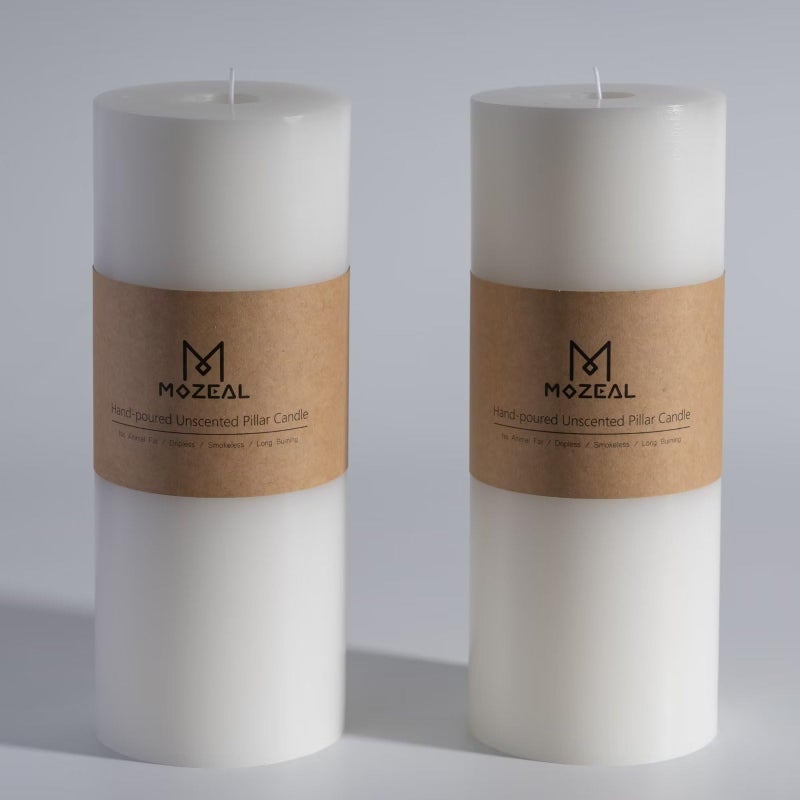 MOZEAL 4 x 10 ExtraLarge White Pillar Candles Set of 2 UnscentedDripless SmokelessLong CleanBurningThese Tall 10 inch Large White Pillar Candles Perfect for Weddings and Christmas Decor