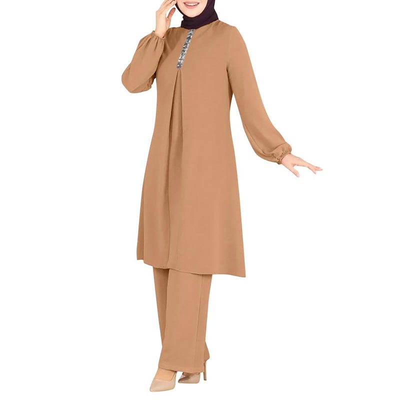 ODIZLI Womens Muslim 2 Pieces Sets Long Sleeve Top Dress and Pants Dubai Abaya Outfits Long Abaya for Women Eid Ramadan Church Prayer Dress for Islamic Arabic Dubai Modest Clothes Khaki b 3XL - Image 2