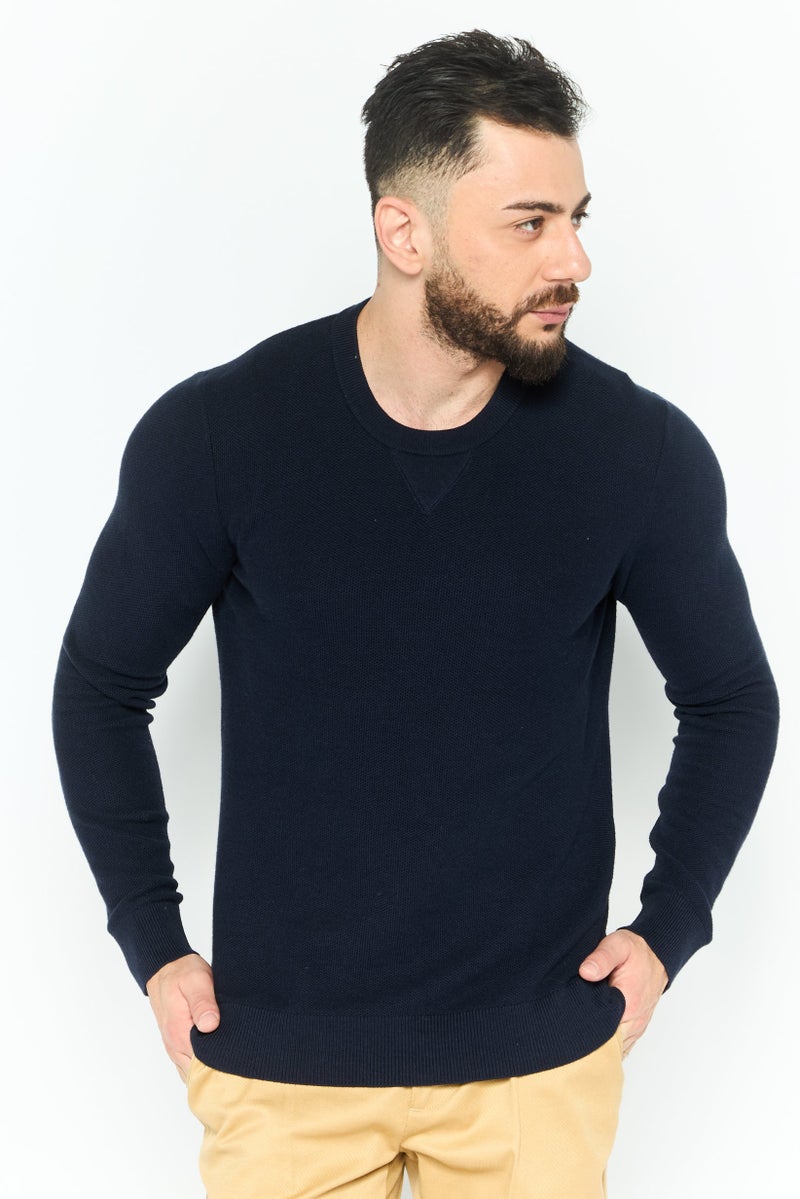 Michael Kors Men Crew Neck Long Sleeve Textured Sweatshirt, Navy - Image 1