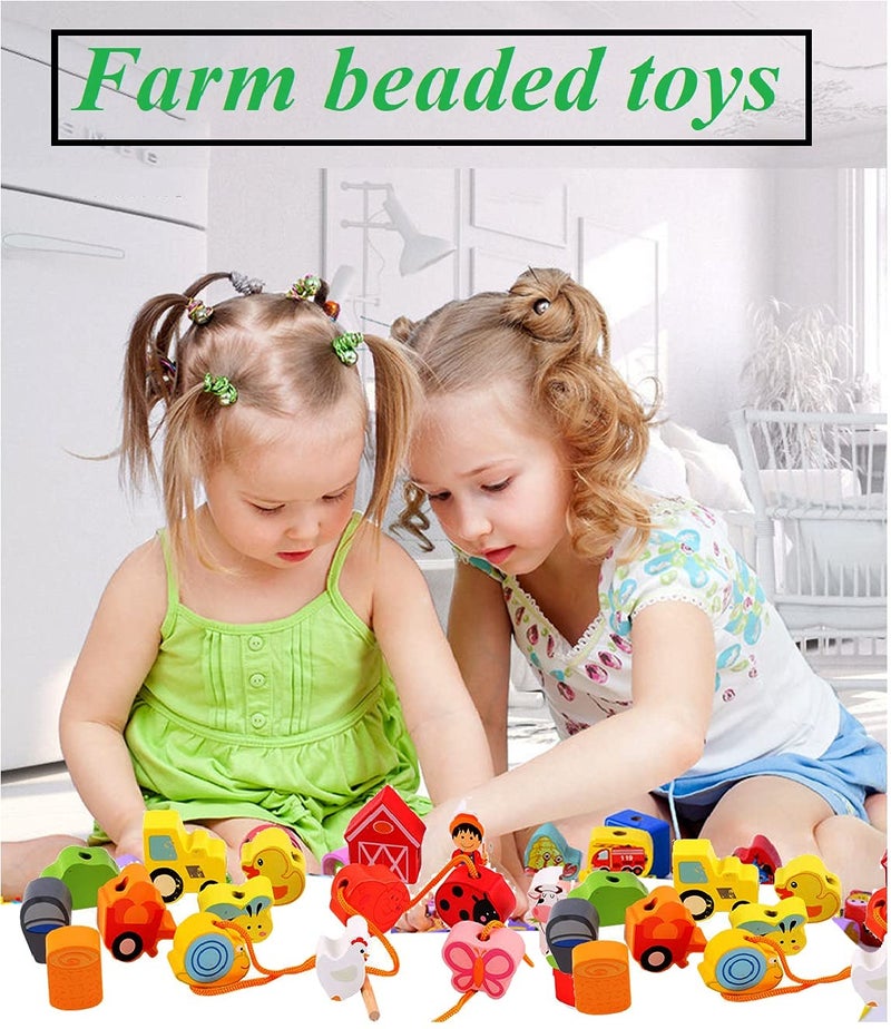 Newraturner Lacing Farm Toy Wooden Block Set, Early Educational Toys String & Lacing Beads Games for Toddlers Kids Farm Animal Learning Play Set (16 Pieces) - Image 5