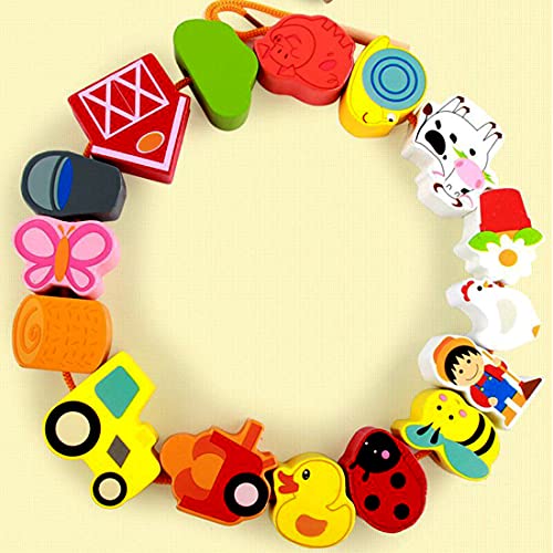 Newraturner Lacing Farm Toy Wooden Block Set, Early Educational Toys String & Lacing Beads Games for Toddlers Kids Farm Animal Learning Play Set (16 Pieces) - Image 2
