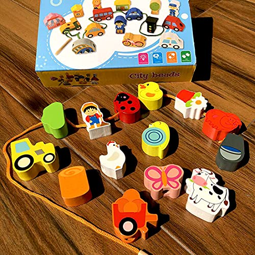 Newraturner Lacing Farm Toy Wooden Block Set, Early Educational Toys String & Lacing Beads Games for Toddlers Kids Farm Animal Learning Play Set (16 Pieces) - Image 4