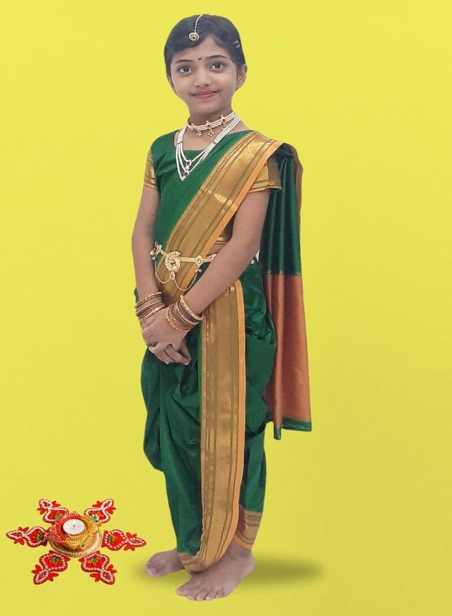 Luster Peshwai/Brahmni Nauwari saree for baby girl Ready-to-wear stitched blouse, belgaon silk paithani border Maharashtrian Marathi saree, use for School program, Ganpati festival (Green, 18-24) - Image 3