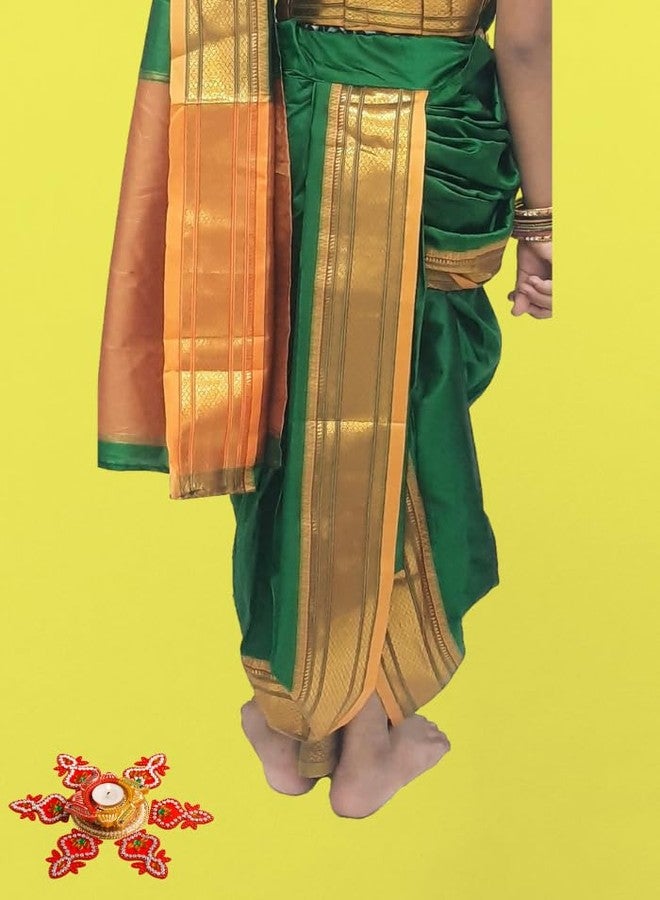 Luster Peshwai/Brahmni Nauwari saree for baby girl Ready-to-wear stitched blouse, belgaon silk paithani border Maharashtrian Marathi saree, use for School program, Ganpati festival (Green, 18-24) - Image 4