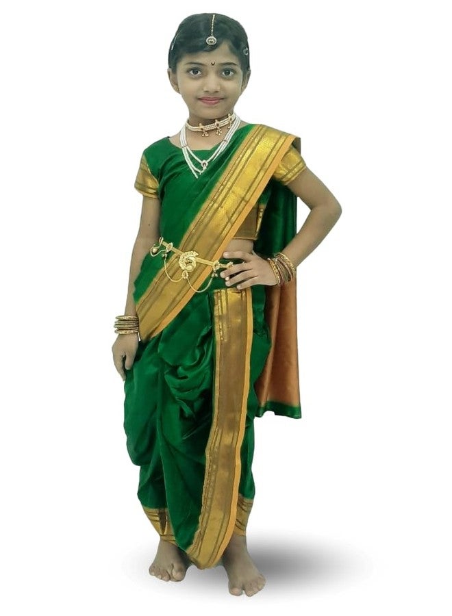 Luster Peshwai/Brahmni Nauwari saree for baby girl Ready-to-wear stitched blouse, belgaon silk paithani border Maharashtrian Marathi saree, use for School program, Ganpati festival (Green, 18-24) - Image 1