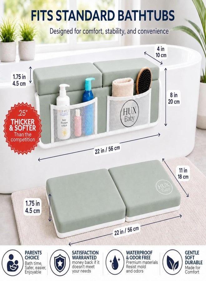 Huxbaby Comfortable Baby Bath Kneeler and Elbow Rest Pad Set, Non-Slip Bathtub Kneeling Pad for Bathing Baby, Bath Tub Cushion Mat, Elbow Pads, Toy Organizer Storage Pockets, Strong Suction Cups (Green Gray) - Image 2