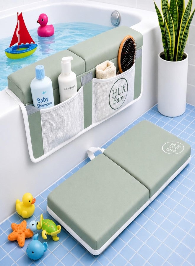 Huxbaby Comfortable Baby Bath Kneeler and Elbow Rest Pad Set, Non-Slip Bathtub Kneeling Pad for Bathing Baby, Bath Tub Cushion Mat, Elbow Pads, Toy Organizer Storage Pockets, Strong Suction Cups (Green Gray) - Image 1