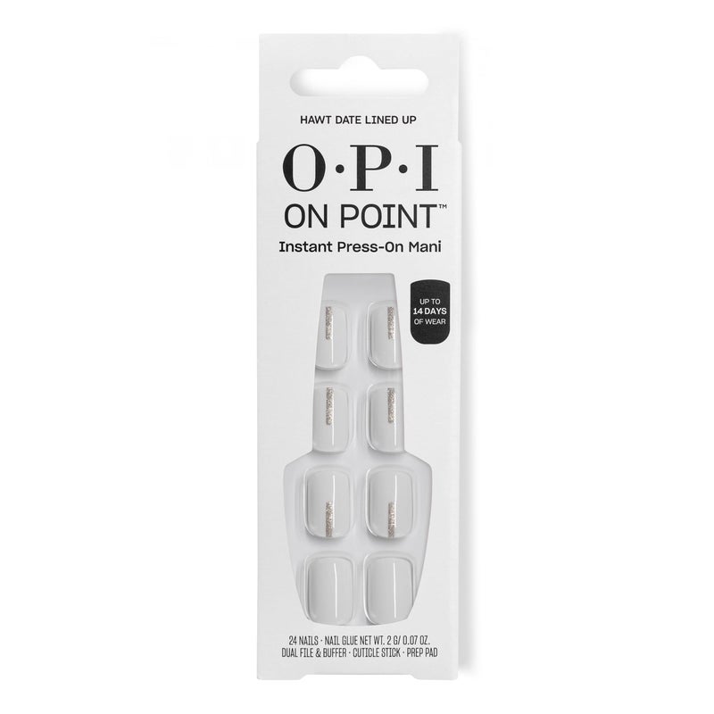 OPI On Point Hawt Date Lined Up | Short Round White with Silver Shimmer Nail Art Press On Nails | 24 Count with Glue | Long Lasting, Reusable, Non-damaging | Fall 2025 Shades - Image 1