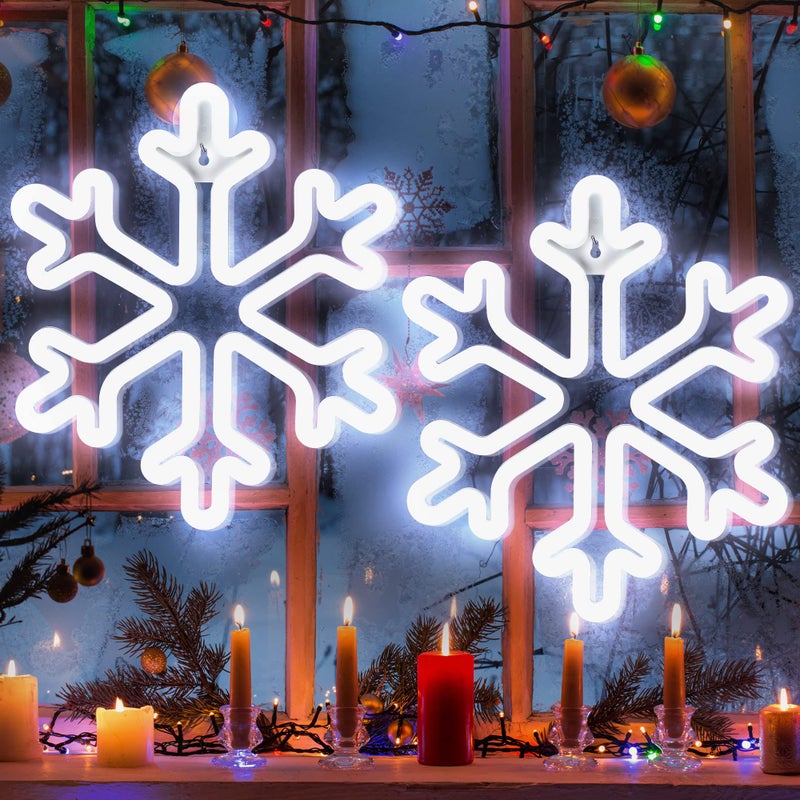 Enhon Christmas Neon Snowflake Light 12 Inch Giant Snowflake Lights Battery and USB Powered Christmas Curtain Neon Sign with Timer for Xmas Party DecorationCool White2 Pack