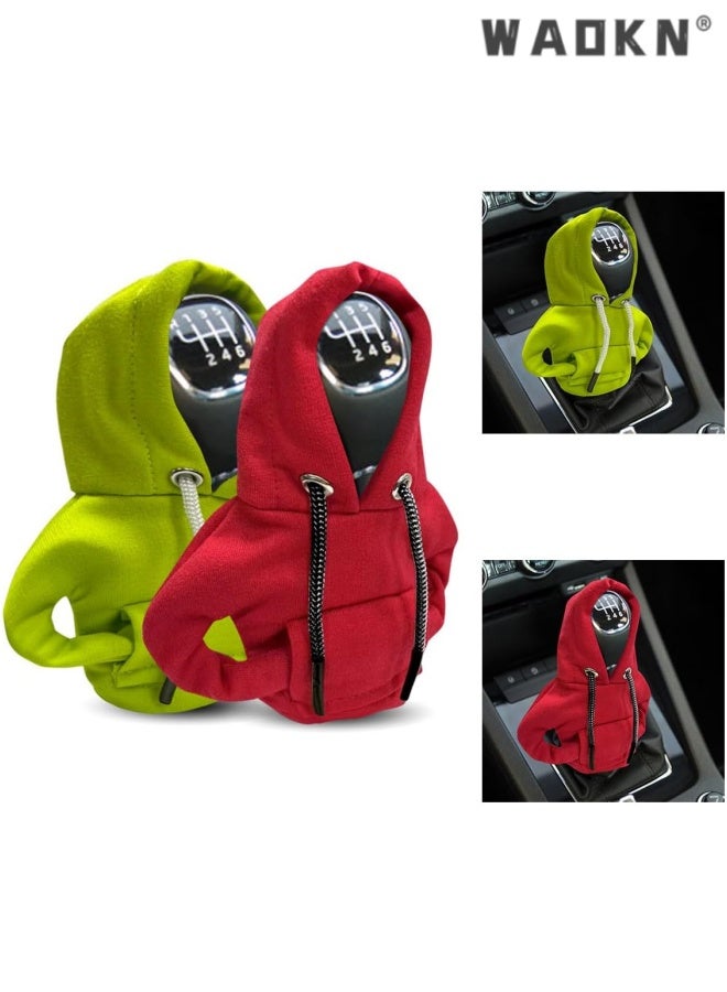 WAOKN 2 pcs Car Gear Shift Hoodie , Fashionable Gear Shift Knob Cover , Mini Hoodie for Auto Shifter , Auto Interior Cute Gadgets , Universal Car Decoration Accessories , Fashion shift knob decoration hoodie , green and red . - Image 1