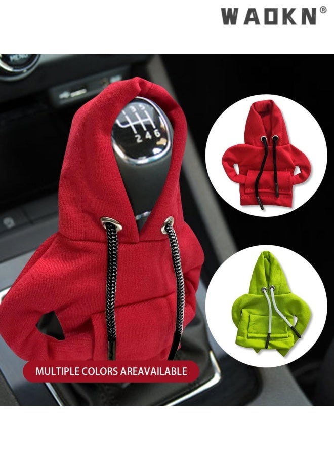 WAOKN 2 pcs Car Gear Shift Hoodie , Fashionable Gear Shift Knob Cover , Mini Hoodie for Auto Shifter , Auto Interior Cute Gadgets , Universal Car Decoration Accessories , Fashion shift knob decoration hoodie , green and red . - Image 2