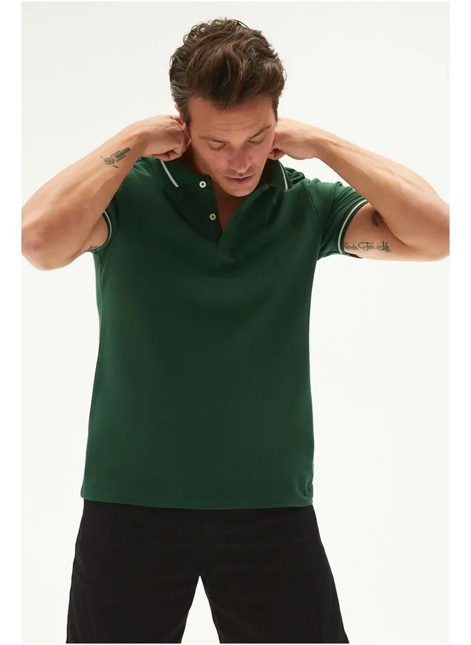 جون June Men Regular Fit 100% Cotton Striped Detailed Polo Neck Tshirt Dark Green