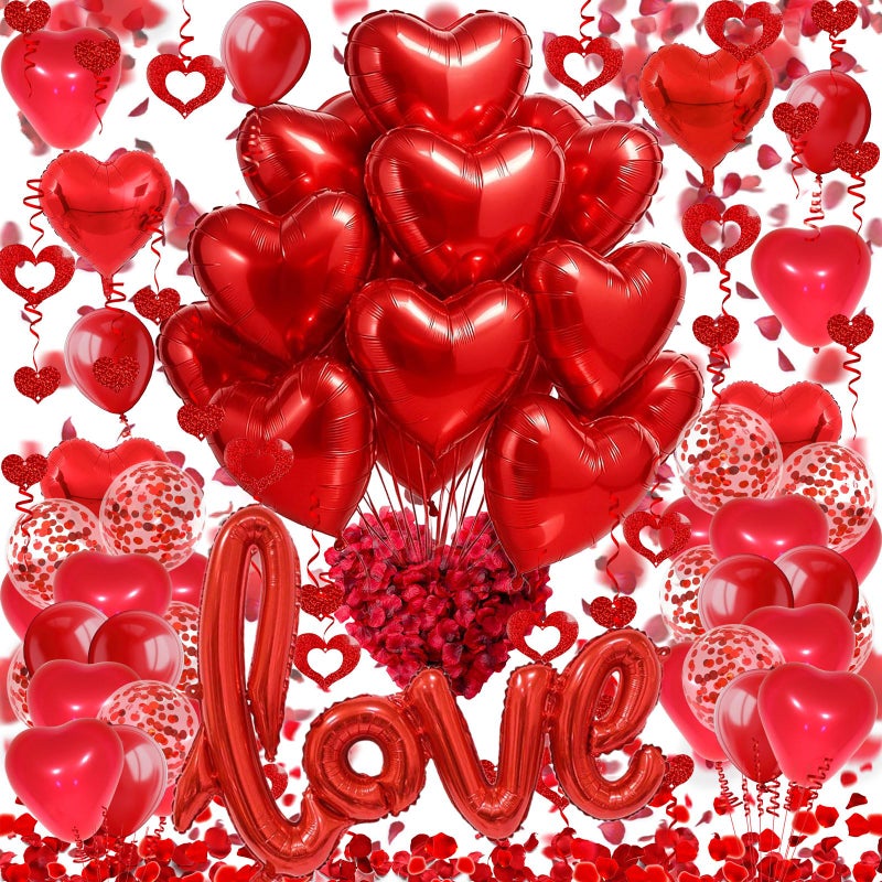 Fecedy Love and Heart-Shaped Aluminum Foil Balloon,Heart-Shaped and Round Latex balloons,Confetti Balloon,Fake Petals,Hanging Streamers for Valentines Bridal Shower Anniversary Engagement Decorations - Image 1