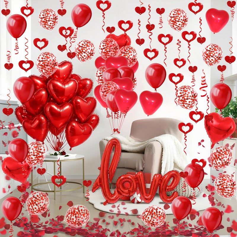 Fecedy Love and Heart-Shaped Aluminum Foil Balloon,Heart-Shaped and Round Latex balloons,Confetti Balloon,Fake Petals,Hanging Streamers for Valentines Bridal Shower Anniversary Engagement Decorations - Image 3