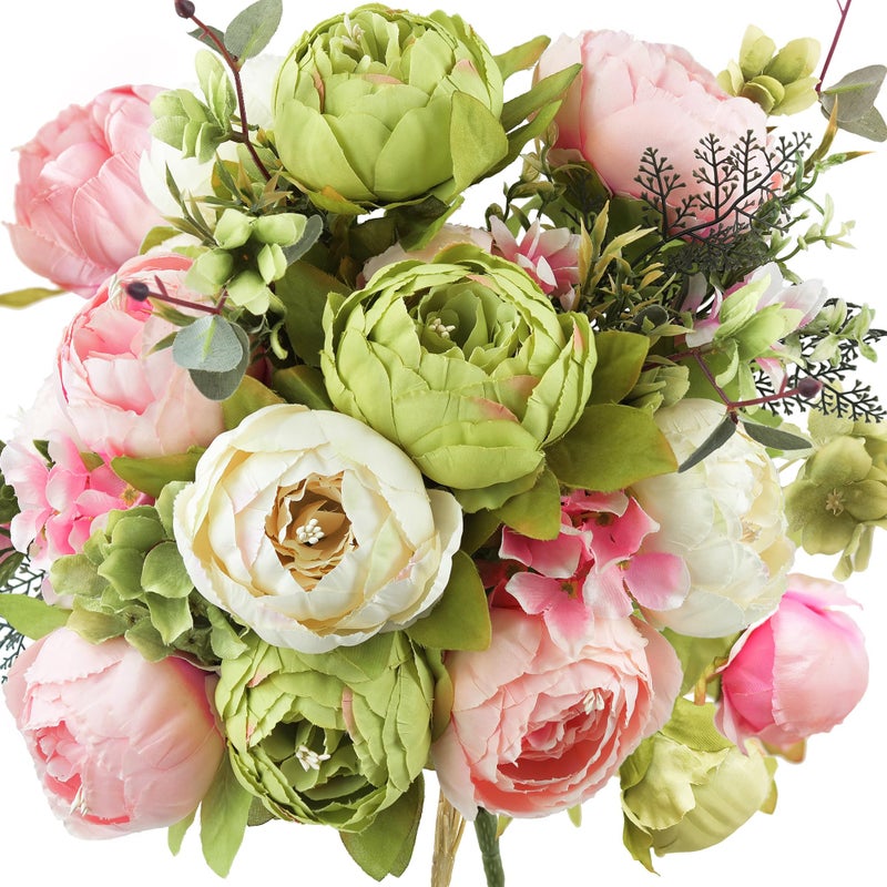 FiveSeasonStuff 2 Bundles Pink Beige Green Spring Waltz Peonies Artificial Flower Bouquet