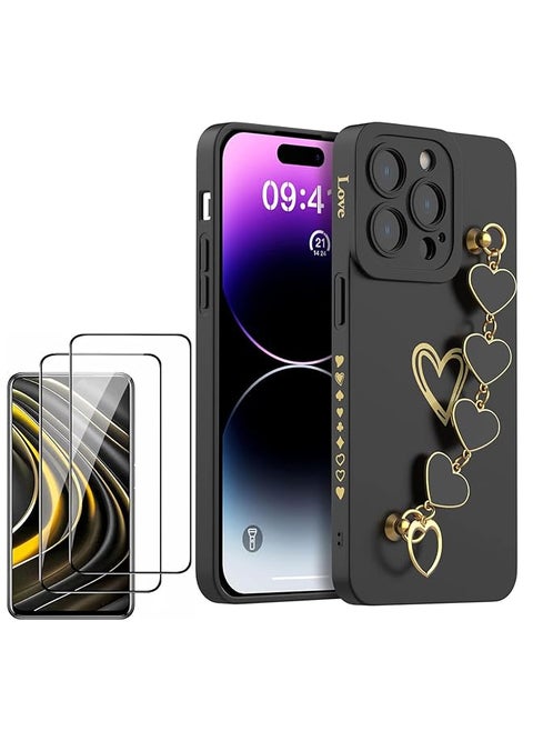 1 Plus 2 Case For Iphone 15 Pro Max With 2 Screen Protectors Case For Women With Full Camera Lens Protection And Hand Strip Loop Silicone Heart Girly Side Shockproof Cover Iphone 15 Pro Max Black