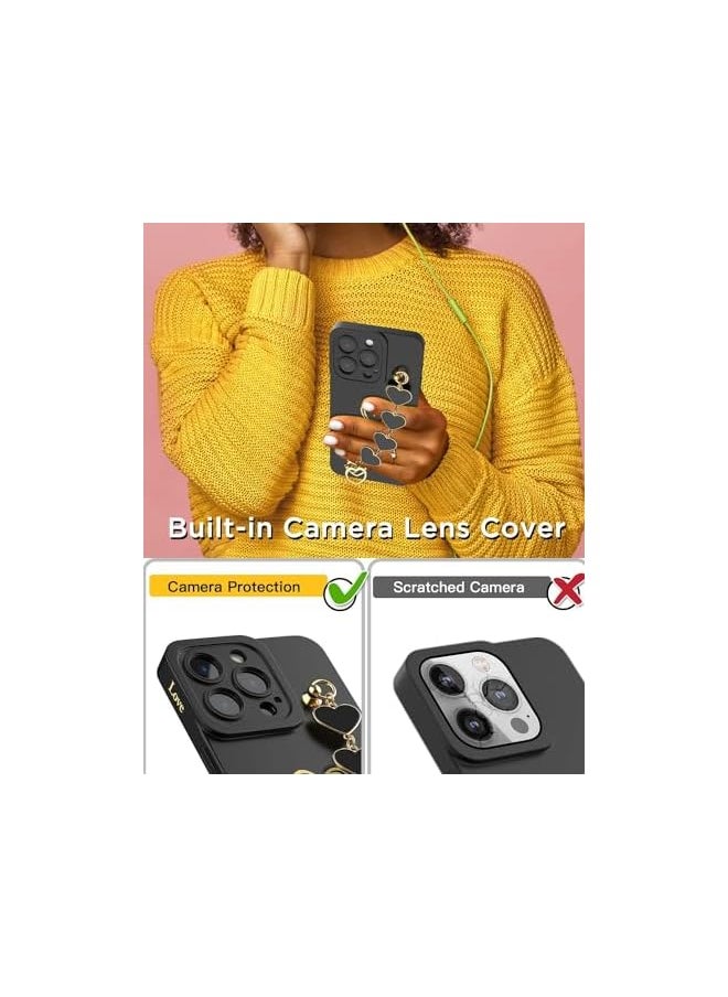 Generic - 1 Plus 2 Case For Iphone 15 Pro Max With 2 Screen Protectors Case For Women With Full Camera Lens Protection And Hand Strip Loop Silicone Heart Girly Side Shockproof Cover Iphone 15 Pro Max Black - Image 1