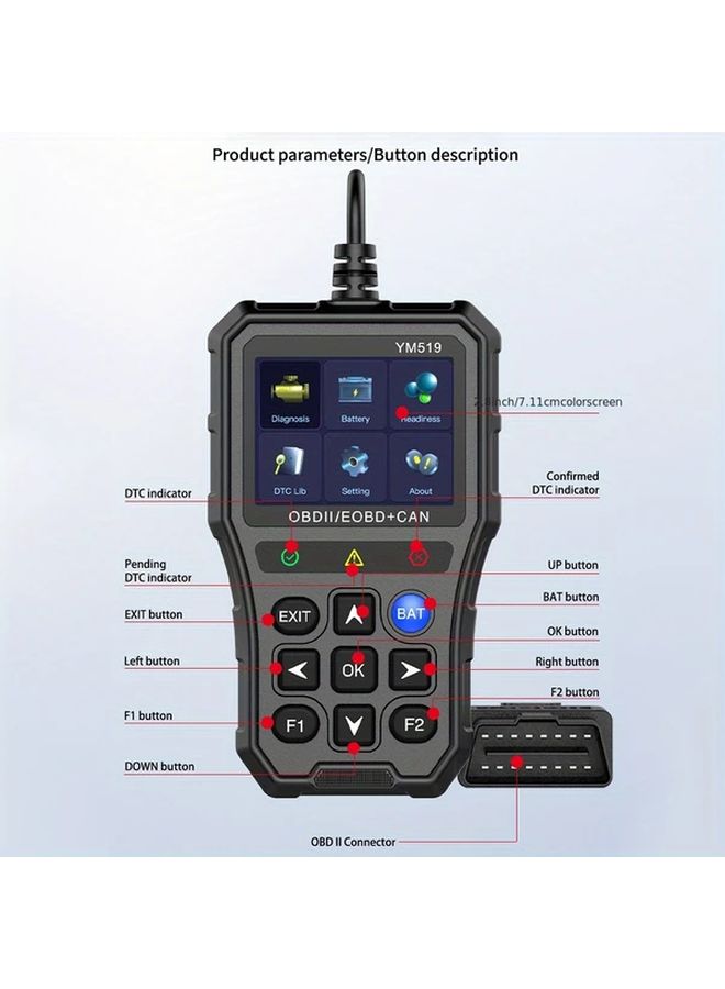 YM519 قارئ رموز OBD2 ماسح تشخيص نظام المحرك مع اختبار البطارية عرض معلومات السيكة متعدد اللغات أداة تشخيص السيارة ماسح السيارات المحمول لحل المشاكل - Image 5
