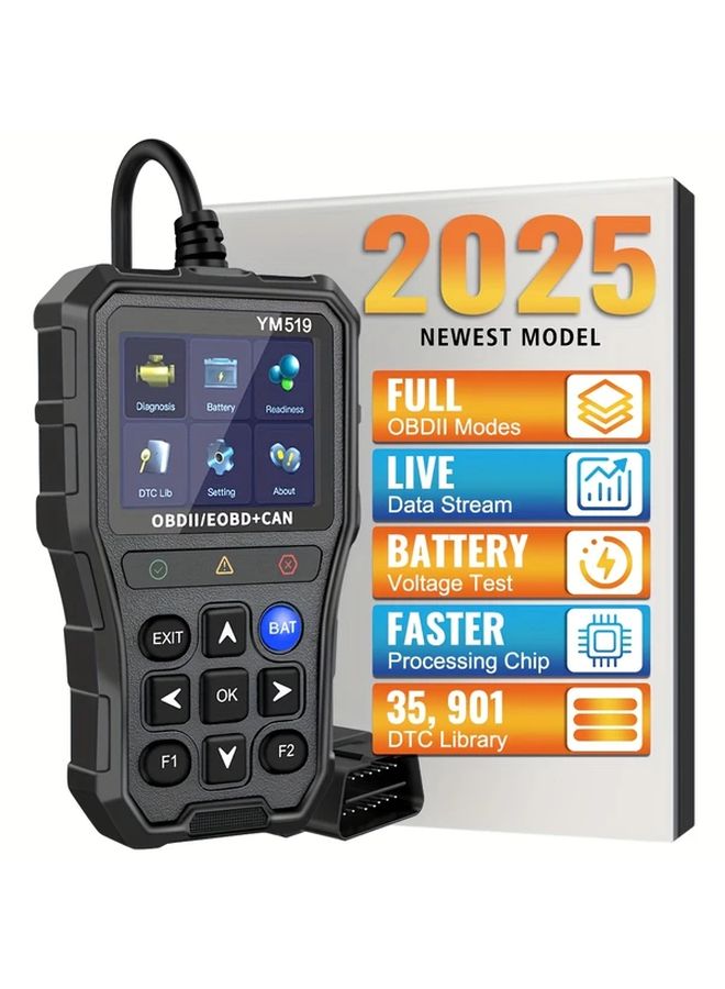 YM519 قارئ رموز OBD2 ماسح تشخيص نظام المحرك مع اختبار البطارية عرض معلومات السيكة متعدد اللغات أداة تشخيص السيارة ماسح السيارات المحمول لحل المشاكل - Image 1