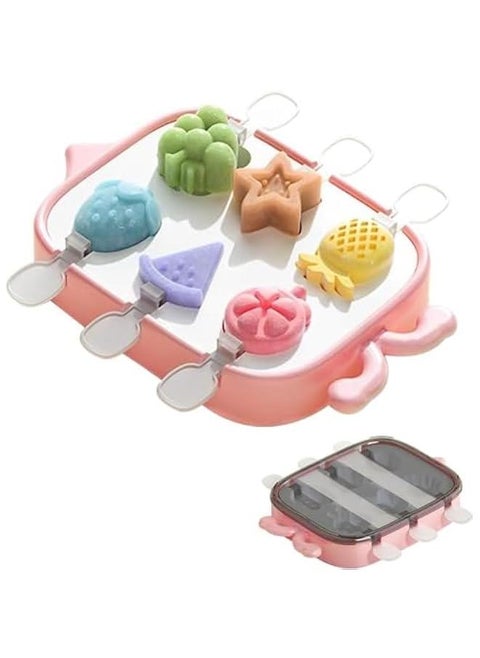 6 Grid Silicone Popsicle Mold, Fruit Shape Ice Pop Molds, Popsicle Maker with Reusable Sticks, Easy Release Ice Cube Tray with Lid, for DIY Homemade Summer Ice Cream Lollipop (Pink Fruit)