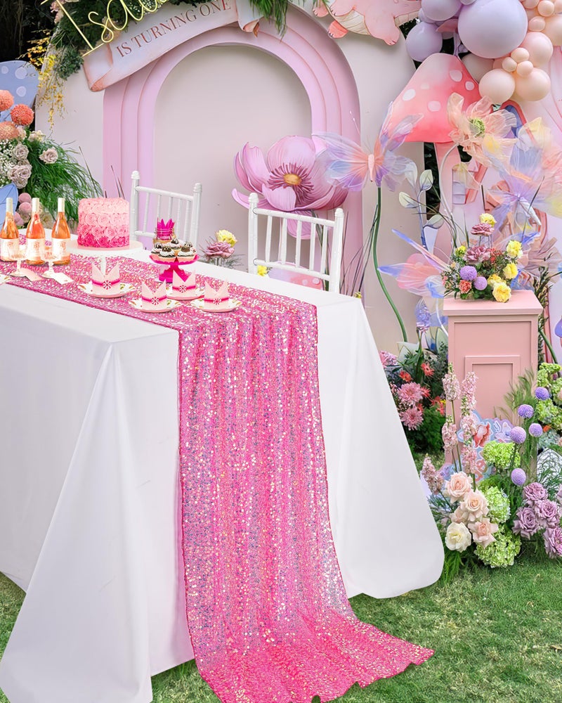QueenDream Hot Pink Table Runner 25"x120" Sequin Table Runner Sparkly Iridescent Fabric for Mermaid Girls Party Decorations Wedding Birthday Ceremony - Image 2