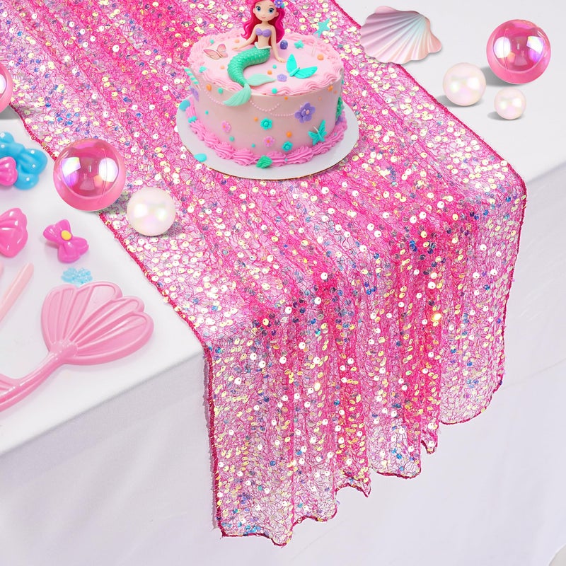 QueenDream Hot Pink Table Runner 25"x120" Sequin Table Runner Sparkly Iridescent Fabric for Mermaid Girls Party Decorations Wedding Birthday Ceremony - Image 1