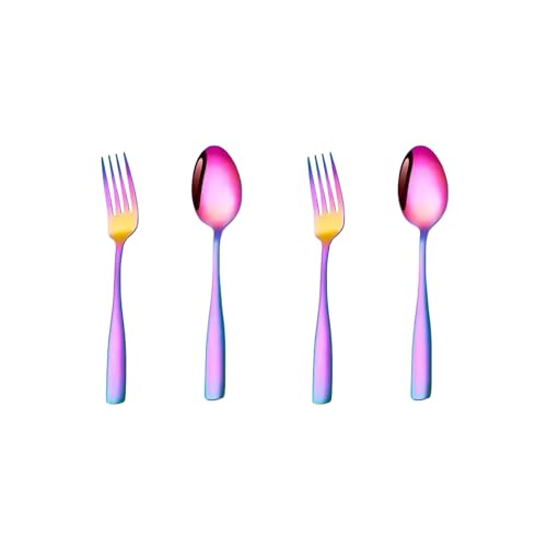 KitchEase Set of 4 - Stainless Steel 2 Dessert Spoon and 2 Fork Flatware Cutlery Set | Perfect for Ice Cream, Cake, Fruit, Pastries, Pudding & Tea | Durable, Mirror Polished Tableware (Rainbow) - Image 1
