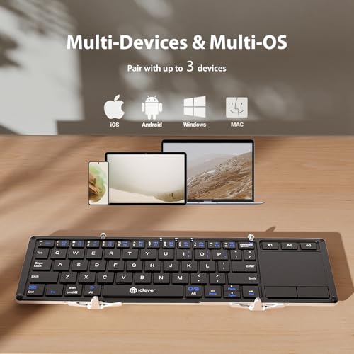 iClever Foldable Keyboard, BK08 Foldable Bluetooth Keyboard with Touchpad, Aluminum Build, USB-C Charge, Equipped with Stand Holder and Carrying Bag, Portable for Laptop, iPad, iPhone, Silver - Image 2