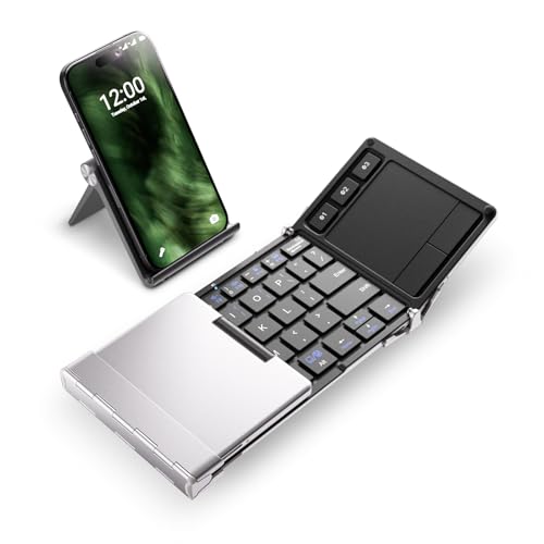 iClever Foldable Keyboard, BK08 Foldable Bluetooth Keyboard with Touchpad, Aluminum Build, USB-C Charge, Equipped with Stand Holder and Carrying Bag, Portable for Laptop, iPad, iPhone, Silver - Image 1