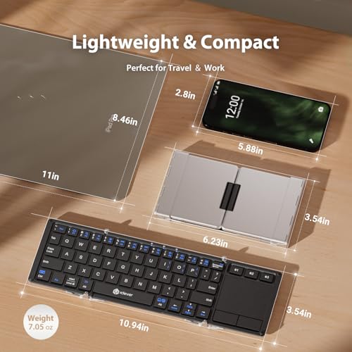 iClever Foldable Keyboard, BK08 Foldable Bluetooth Keyboard with Touchpad, Aluminum Build, USB-C Charge, Equipped with Stand Holder and Carrying Bag, Portable for Laptop, iPad, iPhone, Silver - Image 5