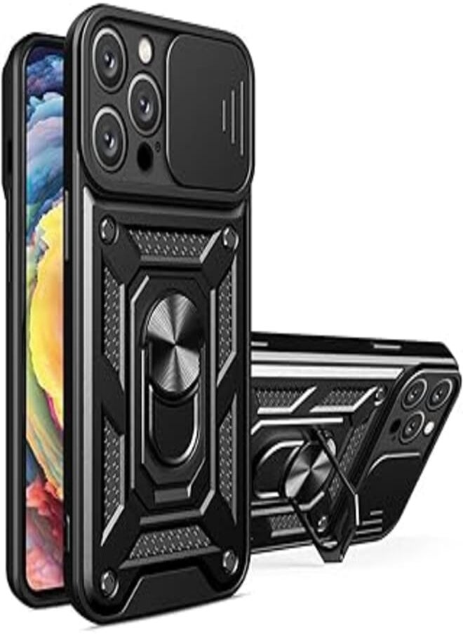 Compatible with Iphone 15 Pro Max Premium Protection Back Case with Camera Slide Cover Built-in Ring Stand Shockproof Case for iPhone 15 Pro Max (Iphone 15 pro Max, Black)