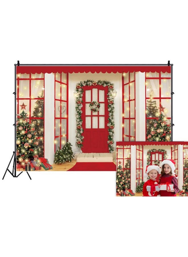 OFILA 8x6ft Christmas Party Backdrop Red Door Mistletoe Wreaths Christmas Trees Glitter Lights Photography Background Xmas Eve Family Winter Holiday Party Banner Decoration Supplies - Image 1