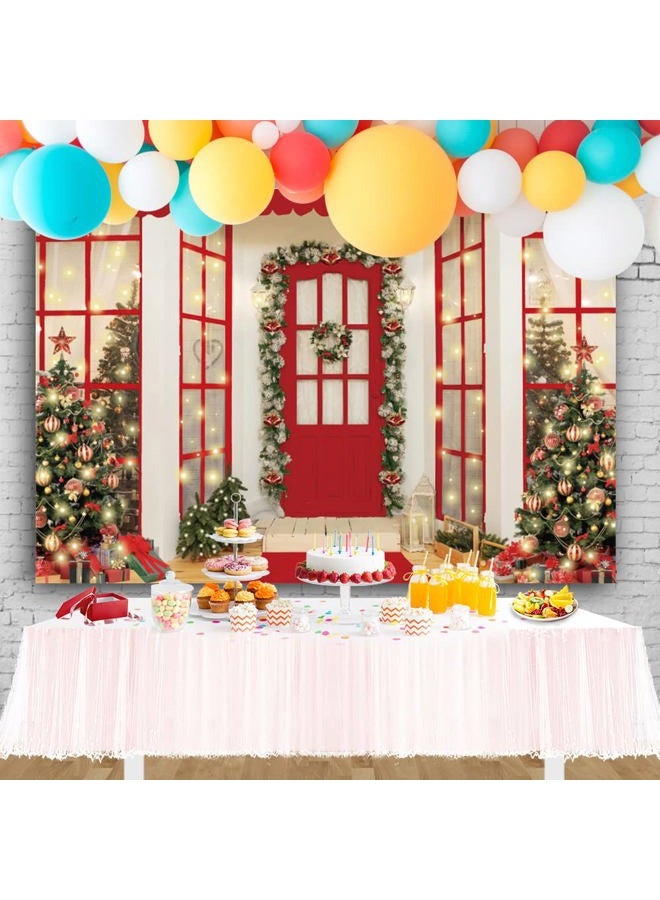 OFILA 8x6ft Christmas Party Backdrop Red Door Mistletoe Wreaths Christmas Trees Glitter Lights Photography Background Xmas Eve Family Winter Holiday Party Banner Decoration Supplies - Image 3
