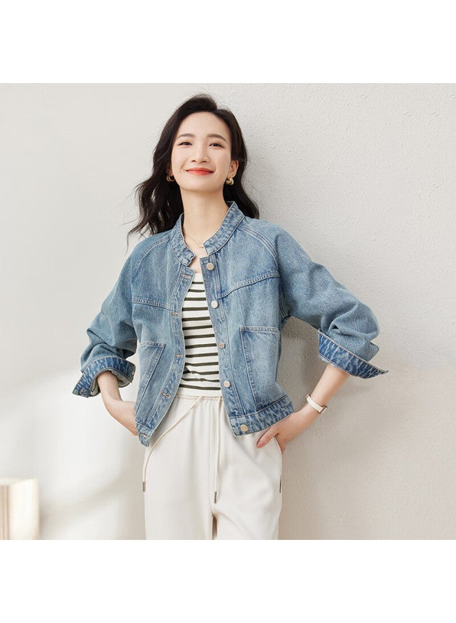 Sentubila Shangduobila Spring And Autumn Pure Cotton Denim Jacket, Short Style, High-end Women's Clothing, Elegant Casual Versatile Top, Denim Blue, XL - Image 1
