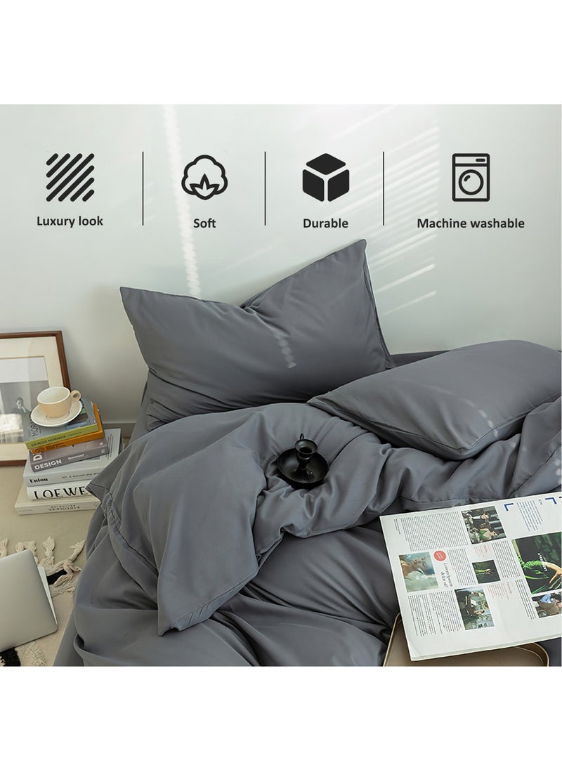 LEFAFA Duvet Cover Set, 4 Pieces Washed Cotton Comforter Cover with Zipper Closure, Include 1 Duvet Cover 220x240cm 1 Flat Sheet and 2 Pillowcase, Comforter Not Included, King Sizee(Grey)  - Image 2