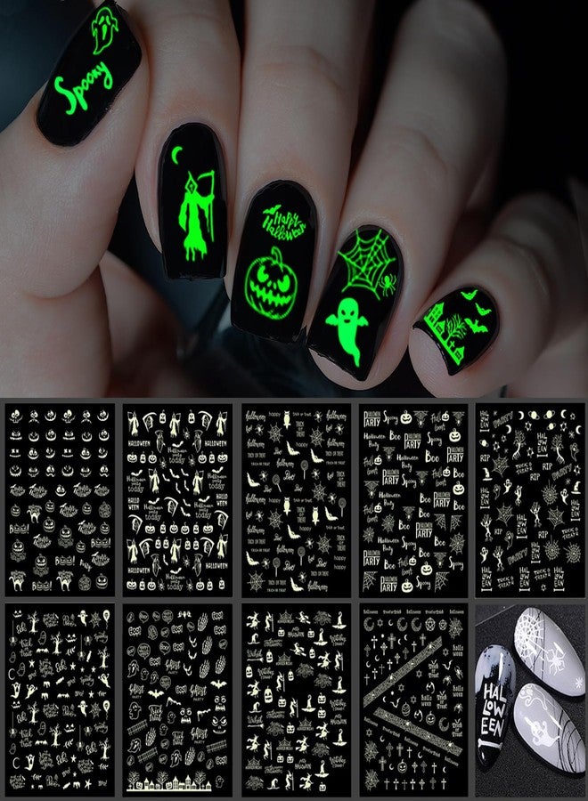 TailaiMei 9 Sheets Halloween Nail Stickers Glow in The Dark, Fluorescent Design Nail Decals, Self-Adhesive DIY Nail Art Tips for Women Manicure - Image 1