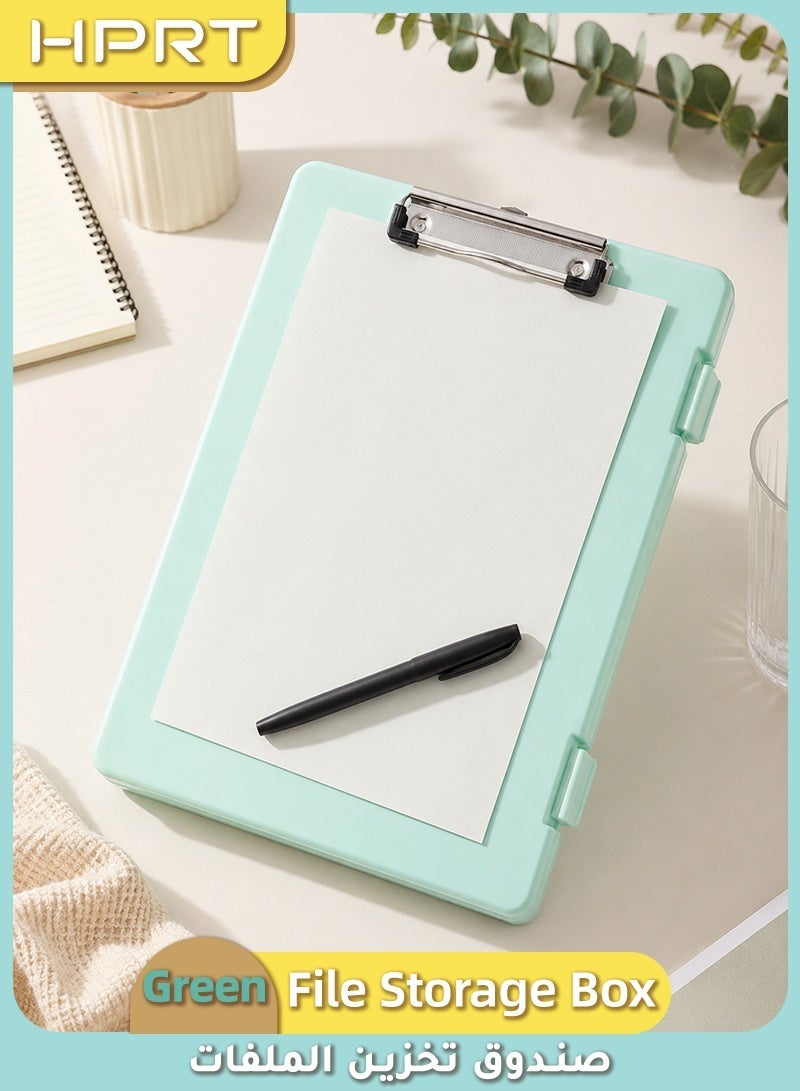 HPRT A4 File Storage Box with Strong Clip, 2-in-1 Plastic Document Organizer and Writing Board with Pen Slot, Holds About 140 Sheets for School and Office (Green, 32.3 × 23.5 × 2.5 cm) - Image 1