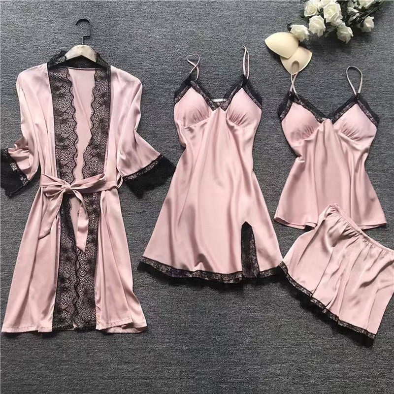 Purejoy Luxurious 4-Piece Women's Sleepwear Set - Satin Fabric, Antibacterial, Anti-Static, Soft & Comfortable