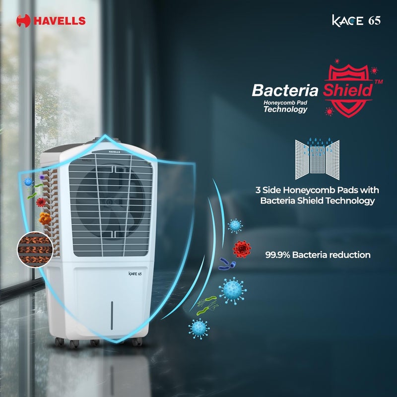Havells Havells Kace 65 L Desert Air Cooler for Home Powerful AirDeliveryBacteria Shield Honeycomb Pads Technology XXL Ice Chamber Ice Chill Drip Technology Inverter compatibleFront wheels with brakes  - Image 3